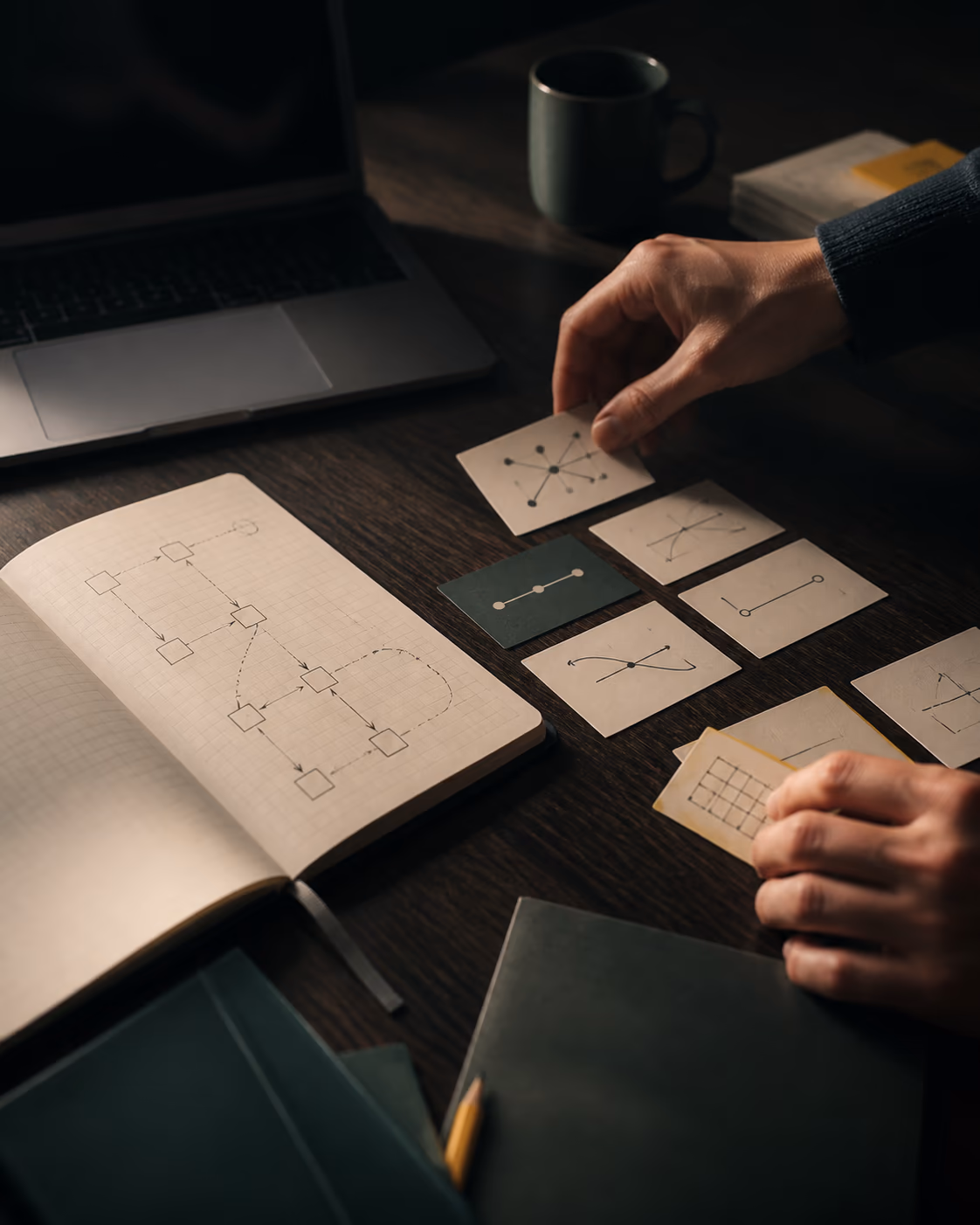 Manos organizando un mapa de proceso sobre una mesa de trabajo
